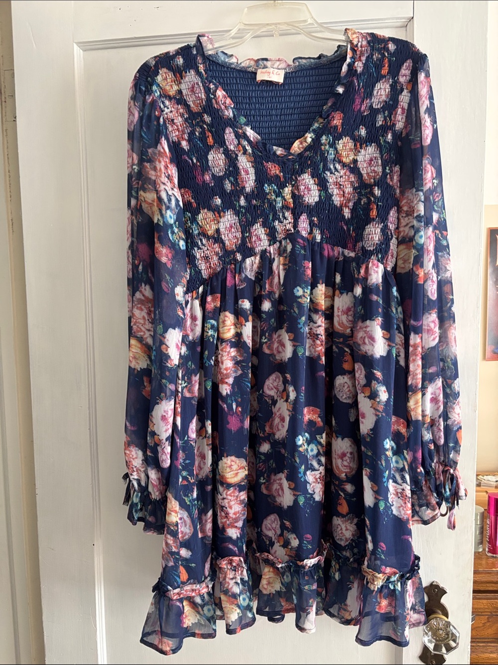 Floral Smocked Navy Long-Sleeve Dress